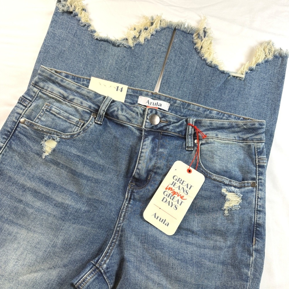 Arula‎ Bootcut Jeans Womens 14 Blue Distressed High Rise Medium Wash NWT